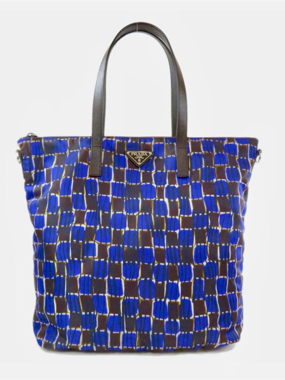Prada Tessuto Stampato Blue Brown Geometric Nylon Tote Bag Strap NEW W TAG NWT